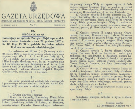 Szczegółowe granice nowych obwodów ustanowionych zarządzeniem
Zarządu Miasta z 20 grudnia 1937 r. z mocą obowiązującą od 1 stycznia 1938 r.
(GUMK 1937, nr 12, poz. 84)