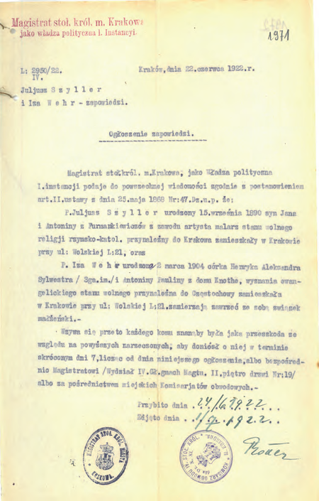 Z Akt zapowiedzi ślubów cywilnych 1914–1925 ogłoszenie zapowiedzi z 1922 r., na którym
komisarz Adolf Rotter sygnował poświadczenie, że ogłoszenie wywieszono na tablicy urzędowej
(Archiwum Narodowe w Krakowie, sygn. Kr 2468, s. 1971)