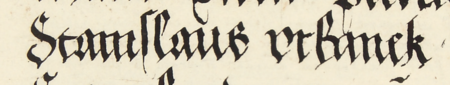 Z księgi radzieckiej Kazimierza obejmującej lata 1521–1533: fragment wpisu dokumentującego
wybór rady urzędującej na rok 1524, ze Stanisławem Urbankiem w składzie – oraz zbliżenie zapisu imienia
(Archiwum Narodowe w Krakowie, sygn. K 9, s. 39)