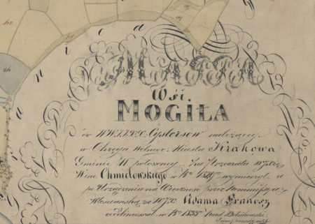 Z Archiwum Wolnego Miasta Krakowa mapa wsi Mogiła wyrysowana w 1833 roku przez Karola Bełcikowskiego, geometrę
rządowego Królestwa Polskiego i Rzeczypospolitej Krakowskiej; mapa powstała na zamówienie Komisji Włościańskiej Wolnego
Miasta Krakowa w ramach prac przygotowujących uwłaszczenie chłopów – oraz powiększenie legendy
(Archiwum Narodowe w Krakowie, sygn. 29/200/25)