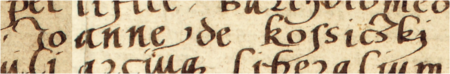 Z księgi radzieckiej Kleparza obejmującej lata 1539–1546: wpis z 1539 roku dokumentujący
wybór rady urzędującej, z rajcą-burmistrzem Janem z Koszyszek w składzie – oraz zbliżenie zapisu imienia
(Archiwum Narodowe w Krakowie, sygn. KL 24, s. 1)