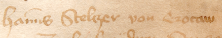 Z księgi ławniczej lwowskiej obejmującej zapisy z lat 1441–1448 strony 354–355 z wpisem z 1446 roku, dotyczącym
sporu między Janem Stelczerem a Janke Snejderem – oraz powiększenie zapisu imienia i obywatelstwa
(Centralne Państwowe Archiwum Historyczne Ukrainy we Lwowie, sygn. fond 52, op. 2, spr. 221, s. 354–355, nr 1781)