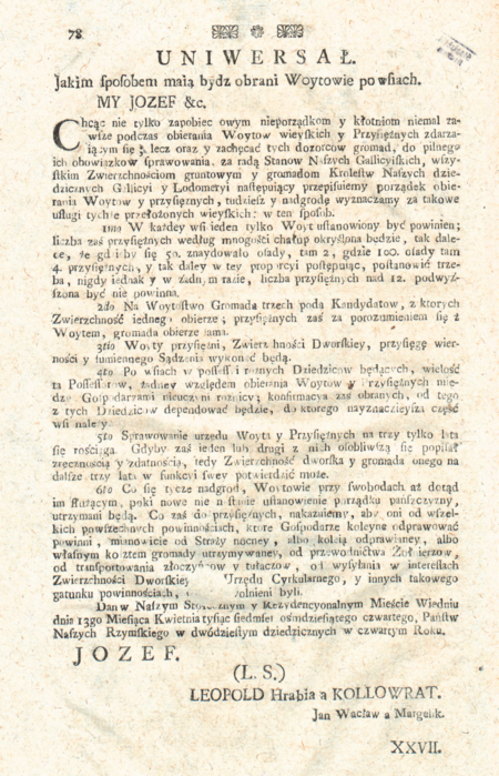 Patent cesarski wydany w 1784 roku regulujący sposób wyboru wójtów we wsiach – ze zbioru praw Pilleriana rok 1784, Nr XXIV, s. 78
(Biblioteka Jagiellońska, sygn. 34216 IV, Mag. St. Dr.)