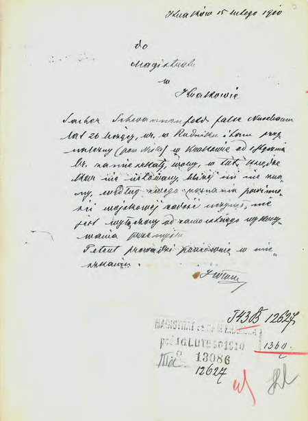 Z magistrackiego zbioru dokumentów koncesyjnych opinia wydana w 1910 r. przez komisarza Jana
Chryzostoma Włocha odnośnie do jednego z wnioskodawców o udzielenie koncesji
(Archiwum Narodowe w Krakowie, sygn. Kr 8325, nlb)