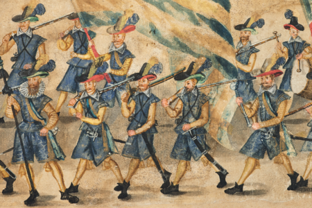 (077) Fragment Rolki sztokholmskiej (powstałej po 1605 r.) z wizerunkiem milicji miasta
Krakowa w jednolitych uniformach w barwach niebiesko-żółtych – zob. il. 144
(ZKW, nr inw. 1528)