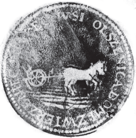 (1847)
Odciski pieczęci urzędowych Olszanicy
z lat 1847, 1858, 1925, 1941
(Archiwum Narodowe w Krakowie,
sygn. WM 563a, nlb.; sygn. T.Schn. 1176,
s. 409; sygn. PUZKr 54, nlb.;
sygn. 29/219/15, nlb.)