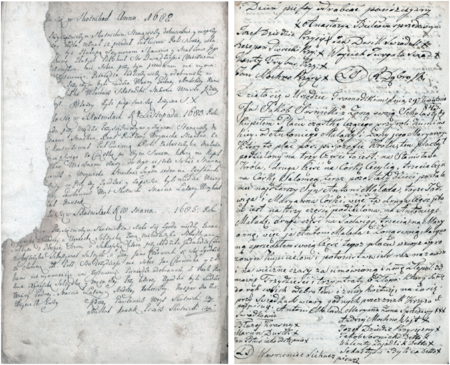 Z księgi gromadzkiej wsi Skotniki obejmującej lata 1649–1847 przykładowe strony z wpisami spraw toczonych
w latach 1682–1685 i 1843 – dla pierwszej z tych stron vide tekst poniżej: [Dzia]ło się w Skotnikach d. 28 Marca 1685 roku... etc.
(Biblioteka Naukowa PAU/PAN, rkps 1347, s. 16, 881)
