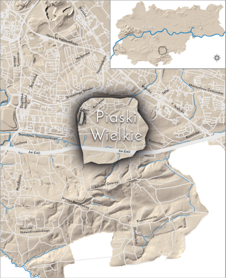 Orientacyjna lokalizacja dawnej wsi Piaski Wielkie w obecnych granicach Krakowa – na planie miasta oznaczono
jej położenie w kształcie wyznaczonym granicami jednostki katastralnej, jaką stanowiła, ze wskazaniem najstarszego,
historycznego centrum Piasków Wielkich w rejonie dzisiejszej ulicy Gwarnej