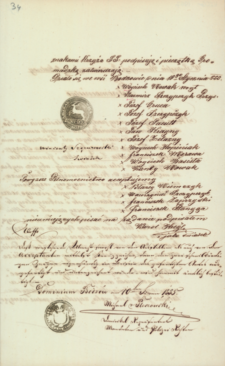 Dokument z 1855 roku, w którym chłopi-gospodarze ze wsi Bodzów wraz ze swoim wójtem i przysiężnym na czele udzielają pełnomocnictwa
do występowania w ich imieniu przed Komisją ds. Zniesienia Ciężarów Gruntowych (indemizacyjną) działającą w ramach procesu uwłaszczeniowego
zamykającego epokę pańszczyźnianego poddaństwa; widoczna akceptacja ze strony dominium, to jest władzy dworskiej sprawowanej przez właściciela wsi
(Archiwum Narodowe w Krakowie, sygn. KZCG 1967, s. 33–34)