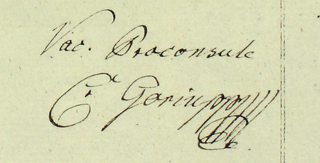 Z akt spadkowych Podgórza obejmujących lata 1797–1852: sprawozdanie magistrackie z 1799 roku dotyczące wyników
publicznej licytacji po zmarłym mieszkańcu Podgórza, podpisane przez Karola Goriuppa, ówcześnie pełniącego obowiązki
burmistrza miasta – oraz zbliżenie podpisu i zapisu urzędu (Archiwum Narodowe w Krakowie, sygn. P 269, s. 75)