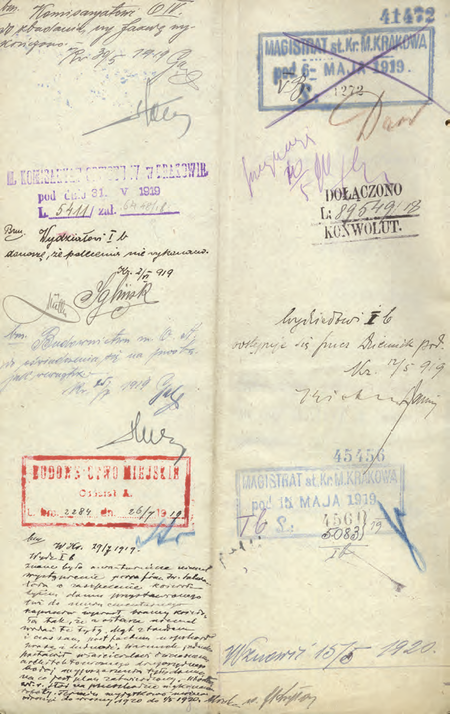 Z akt magistrackich Towarzystwo Urzędników – budowa willi przy kościele św. Salwatora
w Dzielnicy XIII 1911–1925 informacja złożona w 1919 r. przez zastępcę komisarza
Stanisława Franciszka Iglińskiego w sprawie niewykonania zaleceń pokontrolnych
(Archiwum Narodowe w Krakowie, sygn. Kr 7689, nlb)