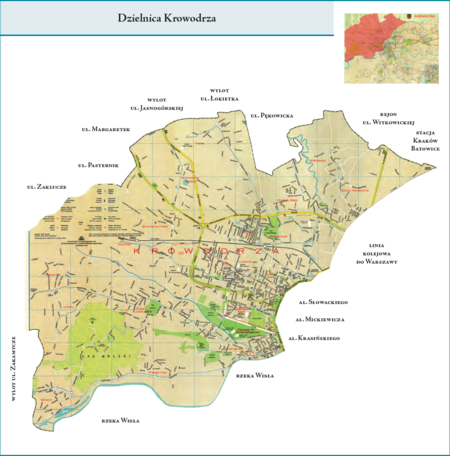 Dzielnica Krowodrza według stanu z roku 1973 na przywołanym wcześniej planie miasta z 1979 r. – dzielnica administracyjna
utworzona z połączenia dwóch dotychczasowych dzielnic, tj. Zwierzyńca i Kleparza – przy jednoczesnych korektach granic, z których
najistotniejszymi było z jednej strony uszczuplenie terenu tak połączonych dzielnic o dawne jednostki katastralne Kleparz, Piasek
i Nowy Świat (weszły w obręb Dzielnicy Śródmieście), z drugiej natomiast strony poszerzenie obszaru o równolegle przyłączone do
granic miasta w jego zachodniej części tereny Olszanicy i Mydlnik. Opis przebiegu granic tej dzielnicy podano na s. 719.