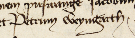 Z księgi miejskiej rachunkowej zawierającej wpisy z lat 1395–1399 strona 185 z wpisem otwierającym rejestr wydatków
i dochodów z 1398 roku, gdzie zostali wymienieni urzędujący ówcześnie rajcy, wśród których znajdował się Piotr Weyngart –
oraz powiększenie zapisu imienia (Archiwum Państwowe w Krakowie, sygn. rkps 1589, s. 185)