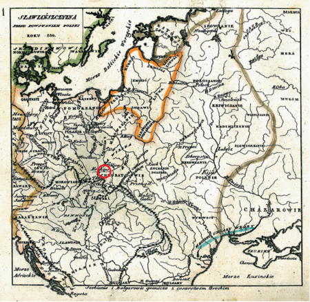 Mapa nr 1
Terytorium ziemi krakowskiej na mapie przedstawiającej Europę Środkową doby plemiennej, w połowie
IX wieku; przyjmuje się, że w IX wieku część ziem zwanych później Małopolską zajmowało plemię Wiślan z głównym grodem
Krakowem – prawdopodobnie popadło ono w drugiej połowie IX wieku w zależność od państwa wielkomorawskiego, następnie od Węgrów
i Czechów (czerwonym okręgiem zaznaczono położenie Krakowa, co dotyczy całej prezentowanej tu kolekcji map Lelewela)