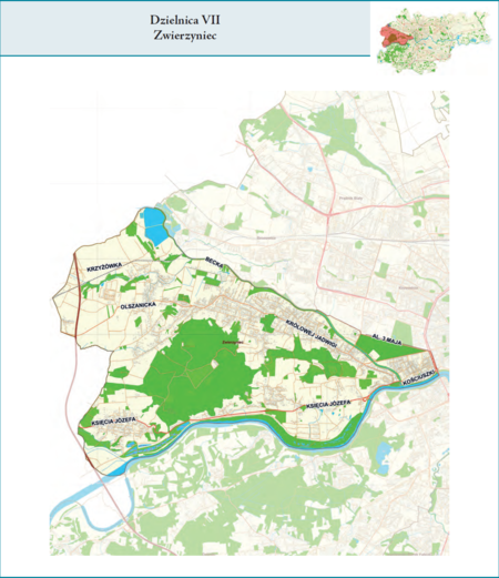 Dzielnica VII Zwierzyniec według stanu z 2017 r. na przywołanym wcześniej planie miasta z tego samego roku – dzielnica samorządowa
o powierzchni 28,73 km² (udział 8,79% w całej powierzchni miasta), położona na terenach historycznych jednostek katastralnych:
Zwierzyniec, Półwsie Zwierzynieckie, Przegorzały, Bielany, Wola Justowska, Chełm i Olszanica, fragmentem także Mydlniki
(vide plan na s. 239). Opis przebiegu granic tej dzielnicy podano na następnej stronie.