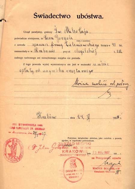Z akt cmentarzy krakowskich świadectwo ubóstwa wystawione w 1937 r.
i poświadczone przez komisarza Bolesława Majera
(Archiwum Narodowe w Krakowie, sygn. Cm 509, nlb)