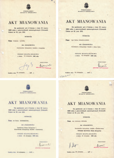 W sierpniu 1990 r. przeprowadzono stabilizację personalną kierownictwa delegatur Urzędu Miasta Krakowa – komplet
dokonanych przez prezydenta miasta Jacka Woźniakowskiego aktów mianowania kierowników 4 delegatur oraz
dyrektora Biura Delegatur i jego zastępcy, którzy łączyli te stanowiska z kierowaniem przydzielonymi delegaturami
(ze zbiorów prywatnych oraz z akt Urzędu Miasta Krakowa)