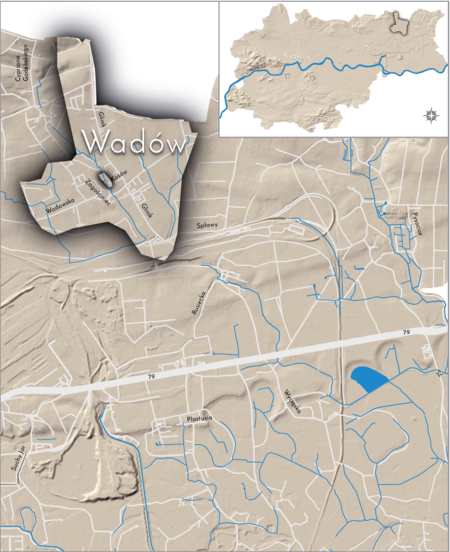 Orientacyjna lokalizacja dawnej wsi Wadów w obecnych granicach Krakowa – na planie miasta oznaczono
jej położenie w kształcie wyznaczonym granicami jednostki katastralnej, jaką stanowiła, ze wskazaniem
najstarszego, historycznego centrum Wadowa w rejonie dzisiejszych ulic Zagościniec i Jaskrowej