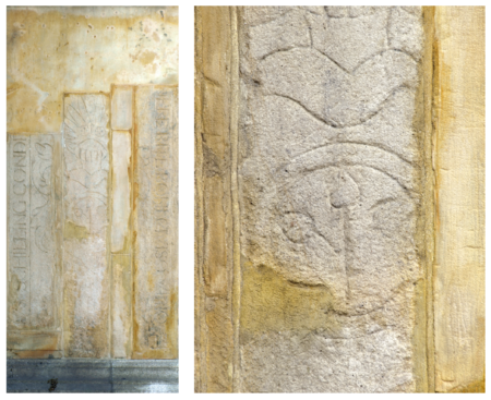 Fragmenty tablicy nagrobnej, jak się przyjmuje, Fryderyka Schillinga, wykonanej z piaskowca,
wmurowanej w elewację północną kościoła Mariackiego oraz powiększenie detalu prezentującego herb własny Schilling