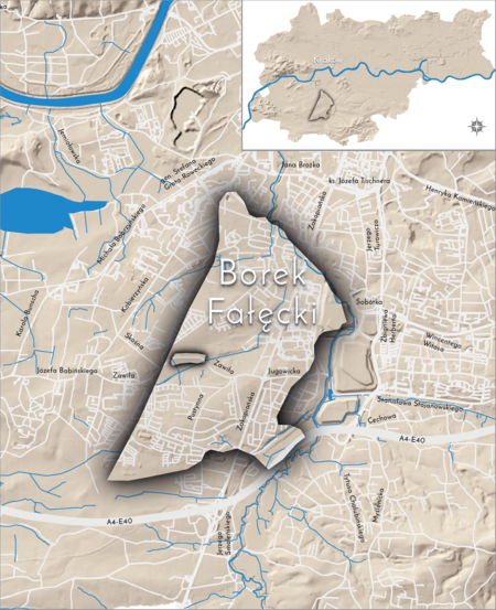 Orientacyjna lokalizacja dawnej wsi Borek Fałęcki w obecnych granicach Krakowa – na planie miasta
oznaczono jej położenie w kształcie wyznaczonym granicami jednostki katastralnej, jaką stanowiła,
ze wskazaniem najstarszego, historycznego centrum Borku Fałęckiego w rejonie dzisiejszej ulicy Zawiłej