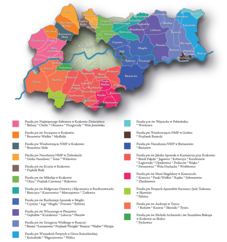 Na planie obrazującym dzisiejsze granice Krakowa miejscowości przyłączone do Krakowa po 1915 roku,
oznaczone kolorami określającymi ich historyczną przynależność parafialną według stanu z roku 1772