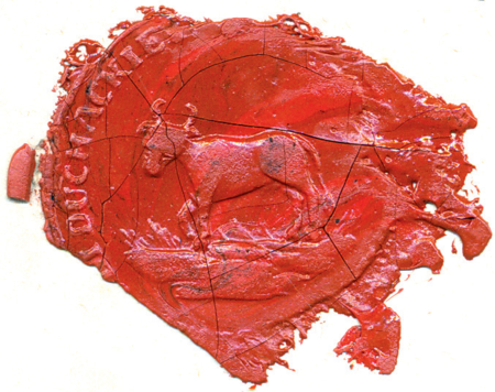 (1843)
Odcisk w laku pieczęci gromadzkiej Woli
Duchackiej z 1843 roku oraz odciski pieczęci
urzędowych z lat 1843, 1900 i 1938
(Archiwum Narodowe w Krakowie,
sygn. K. Krak. op. 83, s. 17; sygn. K. Krak.
op. 76, s. 4; sygn. Kr 7950, nlb.;
sygn. 29/1023/36, nlb.)