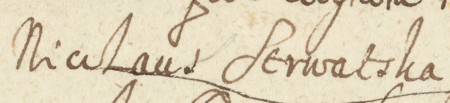 Z księgi grodzkiej krakowskiej obejmującej lata 1647–1648: fragment wpisu z 1647 roku stanowiącego oblatę aktu wydanego
przez Władysława IV Wazę w Warszawie w 1646 roku potwierdzenia statutu cechu kleparskich kowali i ślusarzy,
z przywołaniem zatwierdzenia tego statutu z roku 1490 przez rajców kleparskich, z Mikołajem Serwatką w składzie –
zbliżenie zapisu imienia (Archiwum Narodowe w Krakowie, sygn. CCR 74, s. 1492)