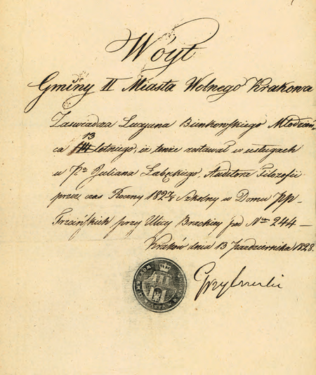 Ze zbioru zaświadczeń szkolnych i metryk uczniów dokument wystawiony w 1828 r.
przez wójta Piotra Grzybowskiego
(Archiwum Narodowe w Krakowie, sygn. 29-482-203, s. 499)