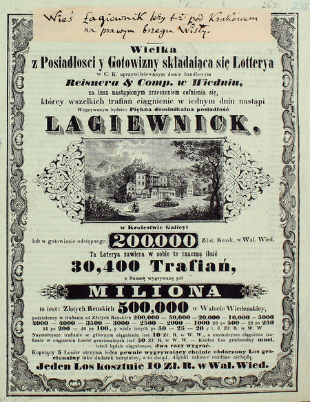Strony z prospektu loterii przeprowadzanej w 1847 roku przez wiedeński dom handlowy pod nadzorem Cesarsko- -Królewskiej Kamery Nadwornej i Cesarsko-Królewskiej Dyrekcji Loteryjnej, w której główną wygraną była posiadłość dominialna (dworska) w Łagiewnikac