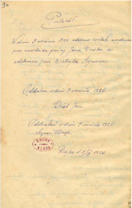 Z powojennej księgi uchwał Rady Gminy Rżąka sporządzony w 1926 roku protokół przekazania urzędu przez naczelnika
gminy Jana Dzióba nowemu naczelnikowi Szymonowi Wietrzykowi
(Archiwum Narodowe w Krakowie, sygn. 29/1077/4, s. 9a)