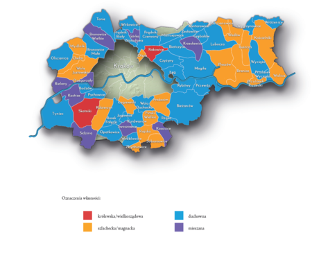 Na planie obrazującym dzisiejsze granice Krakowa miejscowości przyłączone do Krakowa po 1915 roku, oznaczone kolorami
określającymi ich historyczną przynależność właścicielską – uogólnioną według przeważającego charakteru w przekroju wieków