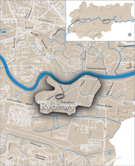 Orientacyjna lokalizacja dawnej wsi Rybitwy w obecnych granicach Krakowa – na planie miasta oznaczono
jej położenie w kształcie wyznaczonym granicami jednostki katastralnej, jaką stanowiła, ze wskazaniem najstarszego,
historycznego centrum Rybitw w rejonie dzisiejszej ulicy Golikówka