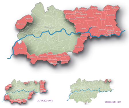 Na planie obrazującym dzisiejsze granice Krakowa miejscowości przyłączone do Krakowa po 1915 roku, oznaczone kolorem
czerwonym określającym ich przynależność państwową w latach 1945–1985 do Rzeczypospolitej Polskiej, od 1952 roku
Polskiej Rzeczypospolitej Ludowej