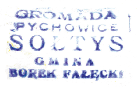 (1937)
Odciski pieczęci urzędowych Pychowic z lat
1820, 1877, 1927 i 1937
(CPAHU we Lwowie, sygn. fond 20, opis 1,
sprawa 240; Archiwum Narodowe
w Krakowie, sygn. 29/464/1133, nlb.;
sygn. PUZKr 56, nlb.; Archiwum Opactwa
Benedyktynów w Tyńcu, sygn. 5/1/4/11)