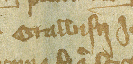 Fragment dokumentu wystawionego w 1366 roku w Kazimierzu, mocą którego rajcy kazimierscy,
wśród nich Grawisius, wydzierżawili Janowi z Merkilsdorfu parcelę położoną na gruntach zwanych Bawół,
za kościołem św. Wawrzyńca – oraz zbliżenie zapisu imienia
(Archiwum Narodowe w Krakowie, sygn. perg. 45)