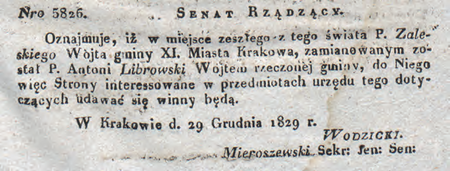 Obwieszczenie Senatu Rządzącego Wolnego Miasta Krakowa z 1829 r. opublikowane w 1830 r.,
dotyczące powołania na urząd wójta Antoniego Librowskiego
(DzRzWMK 1830, nr 4–5, s. 18–19