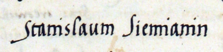 Z księgi radzieckiej obejmującej lata 1532–1536 fragment strony 703 z wpisem zawierającym wykaz rajców
urzędujących wybranych na rok 1536, wśród których wymieniony został Stanisław Ziemianin –
oraz powiększenie zapisu imienia (Archiwum Państwowe w Krakowie, sygn. rkps 435, s. 703)