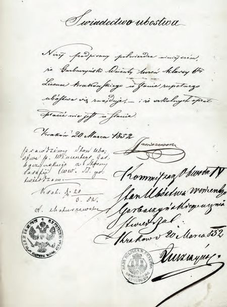Ze zbioru zaświadczeń szkolnych i metryk uczniów dokument wystawiony
w 1852 r., poświadczony przez komisarza Teodora Łuszczyńskiego
(Archiwum Narodowe w Krakowie, sygn. 29-482-205, s. 61)