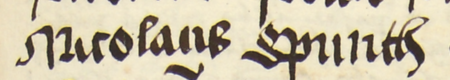 Z księgi radzieckiej Kazimierza obejmującej lata 1481–1508: fragment wpisu dokumentującego
wybór rady urzędującej na rok 1495, z Mikołajem Spunthem w składzie – oraz zbliżenie zapisu imienia
(Archiwum Narodowe w Krakowie, sygn. K 7, s. 285)