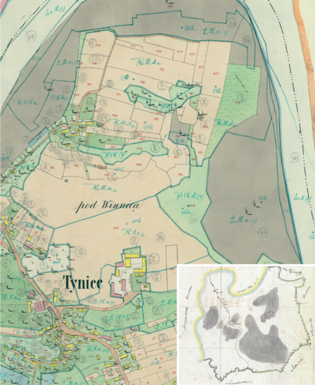 Centrum Tyńca na mapie katastralnej sporządzonej dla gminy katastralnej Tyniec w 1849 roku oraz pochodzący
z 1890 roku plan sytuacyjny z wyrysowanymi granicami gminy Tyniec i lokalizacją gmin sąsiadujących
(Archiwum Narodowe w Krakowie, sygn. K. Krak. 634 II; sygn. K. Krak. op. 184, s. 1)