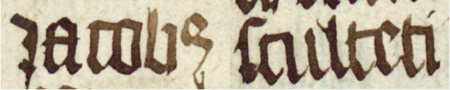Z księgi radzieckiej Kazimierza obejmującej lata 1416–1433: fragment wpisu dokumentującego
wybór rajców na rok 1431, z Jakubem synem sołtysa młodszym w składzie – oraz zbliżenie zapisu imienia
(Biblioteka Jagiellońska, sygn. rkps 1045/2, k. 215)