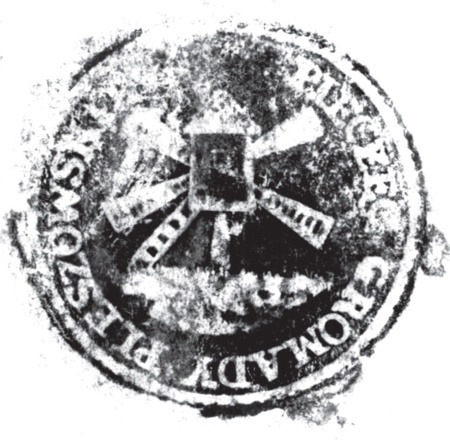 (1853)
Odciski pieczęci urzędowych Pleszowa
z lat 1853, 1856 i 1927
(Archiwum Narodowe w Krakowie,
sygn. 29/456/156, nlb.;
sygn. 29/456/120, nlb.; sygn. PUZKr 55, nlb.)
