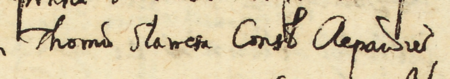 Z księgi wójtowskiej Kleparza obejmującej lata 1649–1653: początkowy fragment wpisu z 1653 roku
dotyczącego sprawy z wniosku Jadwigi Sławęciny, wdowy po Tomaszu Sławęcie, rajcy kleparskim,
przeciwko Wojciechowi Stombińskiemu, pasierbowi, który naszedł na jej dom – oraz zbliżenie zapisu imienia i urzędu
(Archiwum Narodowe w Krakowie, sygn. KL 11, s. 447)