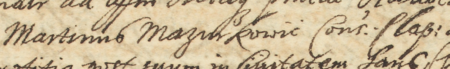 Z księgi wójtowskiej Kleparza obejmującej lata 1649–1653: początkowy fragment wpisu z 1653 roku
związanego z działaniami egzekutora testamentu zmarłej Reginy Dropkowej, którym to egzekutorem
był Marcin Mazurkowicz, rajca kleparski – zbliżenie zapisu imienia i urzędu
(Archiwum Narodowe w Krakowie, sygn. KL 11, s. 351)