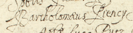 Z akt sądu wielkorządowego obejmujących lata 1644–1652: fragment wpisu z 1651 roku dokumentującego
udział w toczącej się sprawie Łukasza Putza przedstawicieli władz kazimierskich: rajcy Pawła Przytułowicza (nr 304)
i Bartłomieja Piancy, ówczesnego ławnika – zbliżenie zapisu imienia
(Archiwum Narodowe w Krakowie, sygn. Teut. 71, s. 1514)
