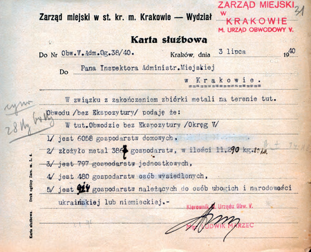 Z akt Starostwa Miejskiego Krakowskiego z lat okupacji niemieckiej dokument
z 1940 r. – karta służbowa sporządzona przez kierownika Ludwika Marca
(Archiwum Narodowe w Krakowie, sygn. SMKr 78, s. 31)