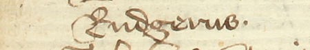 Z najstarszej zachowanej księgi radzieckiej Kazimierza obejmującej lata 1369–1381:
fragment wpisu dokumentującego wybór rajców na rok 1371, z Rudegerusem w składzie – oraz zbliżenie zapisu imienia
(Archiwum Narodowe w Krakowie, sygn. K 1, s. 96)