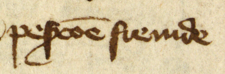 Z księgi ławniczej obejmującej lata 1365–1376 strony 152–153 z wpisem zawierającym wykaz ławników zasiadających podczas
sesji sądowej 5 sierpnia 1372 roku; wśród nich przyszli rajcy: Jan Spicymir młodszy (nr 111) i Peszko Freinde –
oraz powiększenie zapisu imienia (Archiwum Państwowe w Krakowie, sygn. rkps 2, s. 152–153)