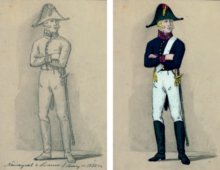 Z Tek Ambrożego Grabowskiego rysunek ołówkiem z 1828 r. Nauczyciel z liceum oraz na podkładzie tego rysunku próba
rekonstrukcji munduru urzędniczego wójta gminy miejskiej – podstawowy krój i kolorystyka wszystkich mundurów cywilnych
w Wolnym Mieście Krakowie, od mundurów obywateli po mundury senatorskie, były jednolite, różnice uwidaczniały się
w szczegółach dodatków i wyróżników, co ukazano tutaj zgodnie z przedstawioną wcześniej regulacją prawną z 1818 r.
(rysunek ołówkiem: Archiwum Narodowe w Krakowie, sygn. E 142, k. 319;
rekonstrukcja własna, grafika komputerowa Bartosz Marjankowski)