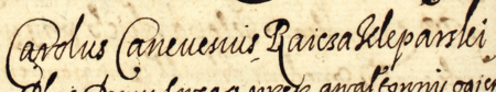 Z księgi ławniczej Kleparza obejmującej lata 1605–1615: początkowy fragment wpisu z 1615 roku
dokumentującego wizję lokalną domu Karola Kanesiusa, rajcy kleparskiego, po wielkim pożarze w Kleparzu w tymże roku –
oraz zbliżenie zapisu imienia i urzędu (Archiwum Narodowe w Krakowie, sygn. KL 6, s. 837v)